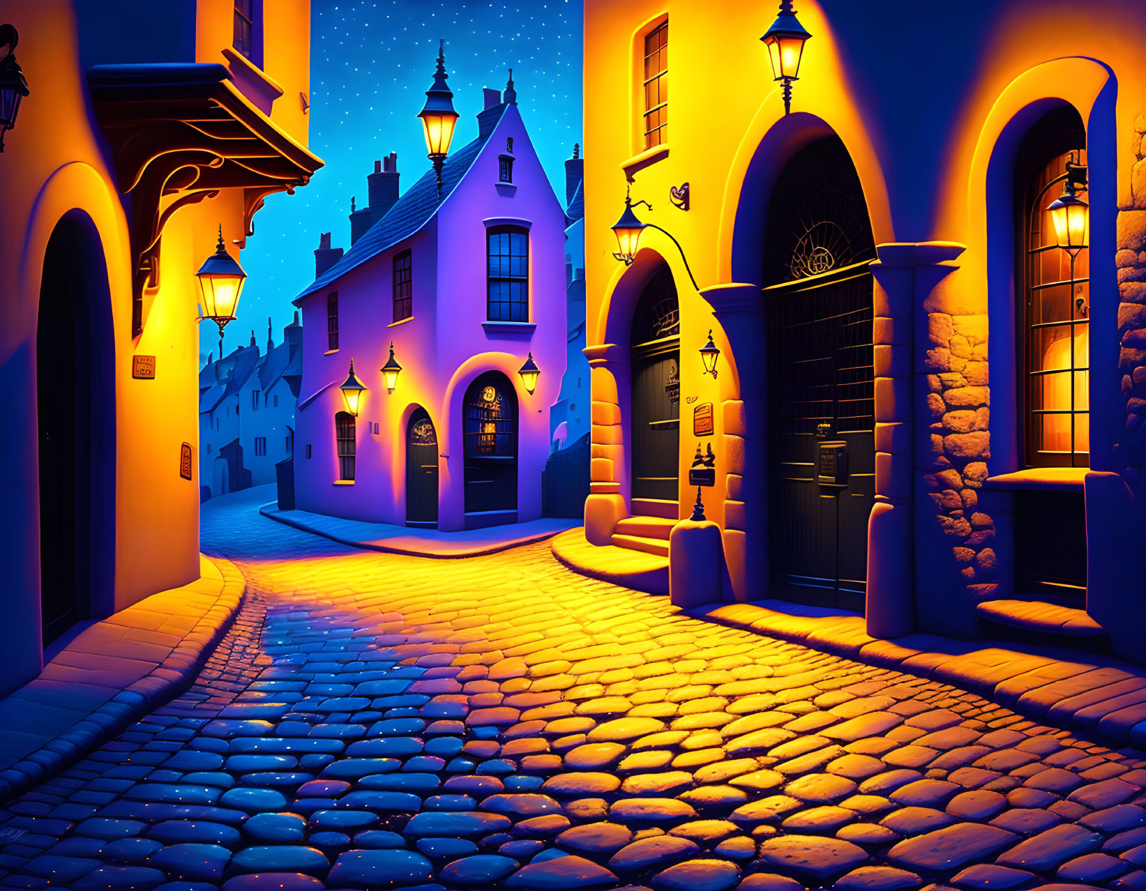 Charming cobblestone street at night with warm yellow and cool blue lights