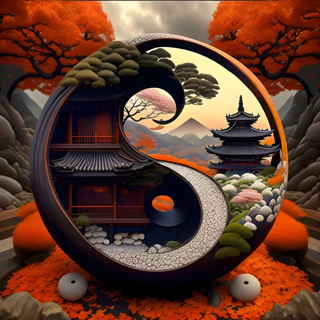 Stylized yin-yang symbol with Asian landscape elements and autumn colors