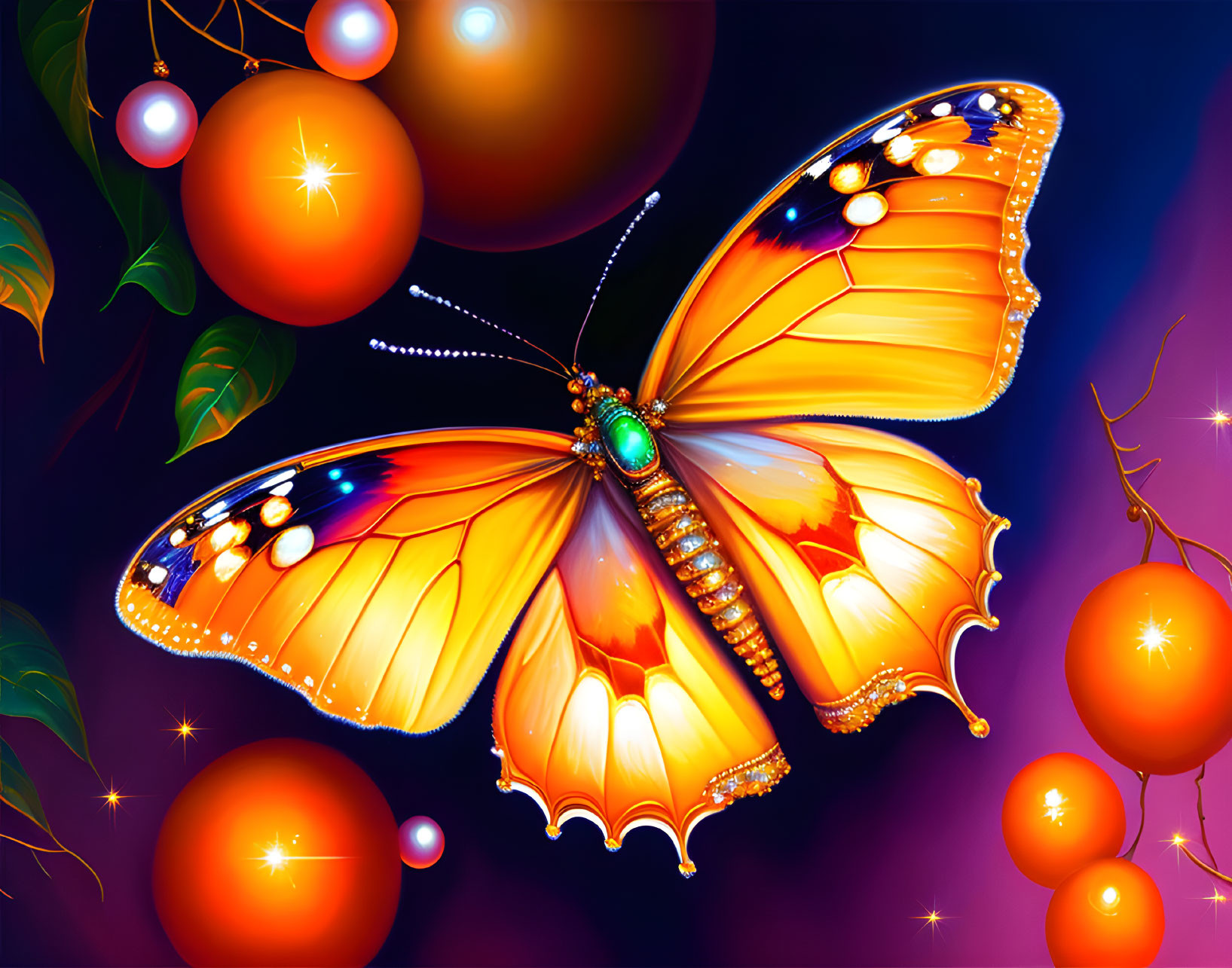 Colorful Butterfly Illustration with Decorative Patterns and Berries on Purple Background