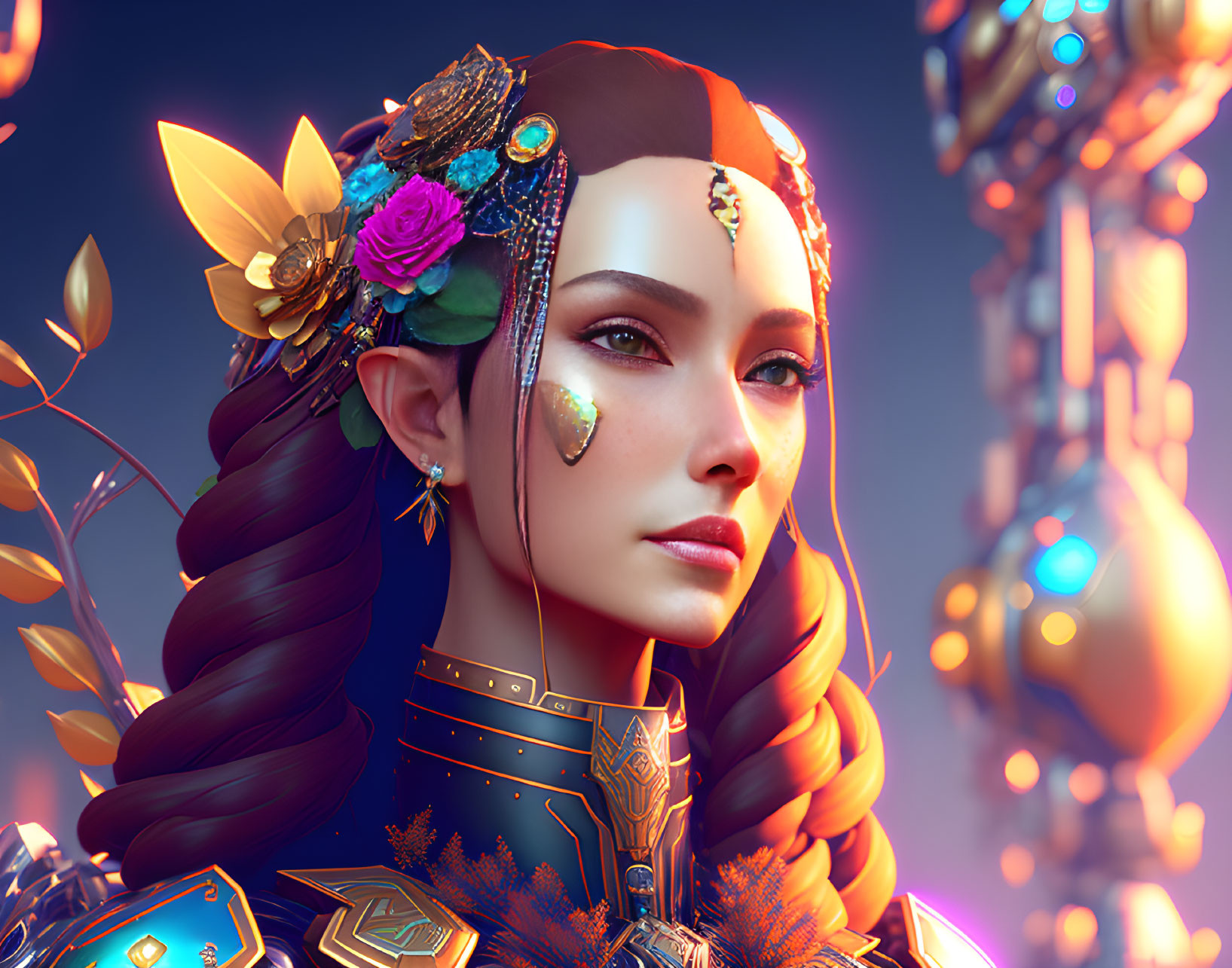 Detailed digital portrait of woman in ornate headdress and futuristic armor on soft glowing background
