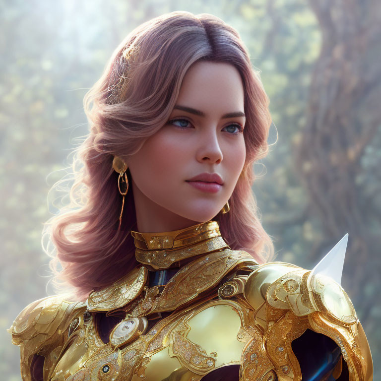 Digital Artwork: Female Warrior in Golden Armor with Knife