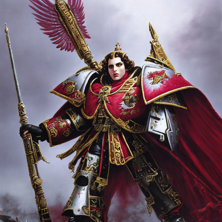 Regal figure in red and gold armor with sword and winged helmet