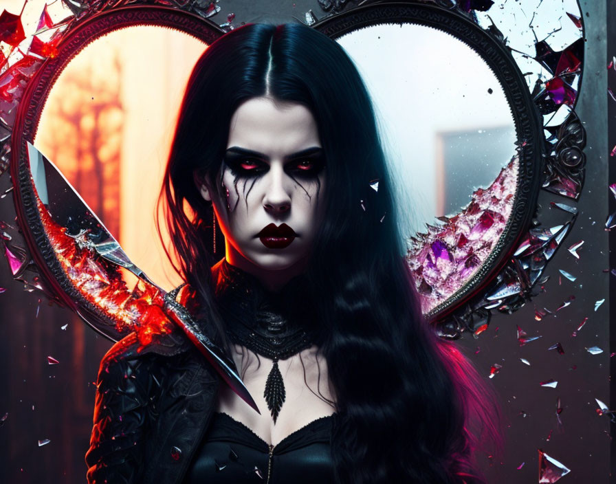 Dark makeup gothic woman with black hair holding bloodied sword and shattered mirrors.