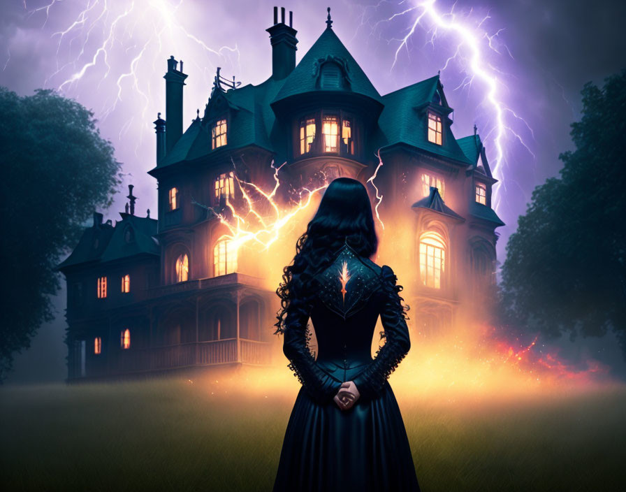 Woman in Black Dress Stands in Front of Haunted House at Twilight