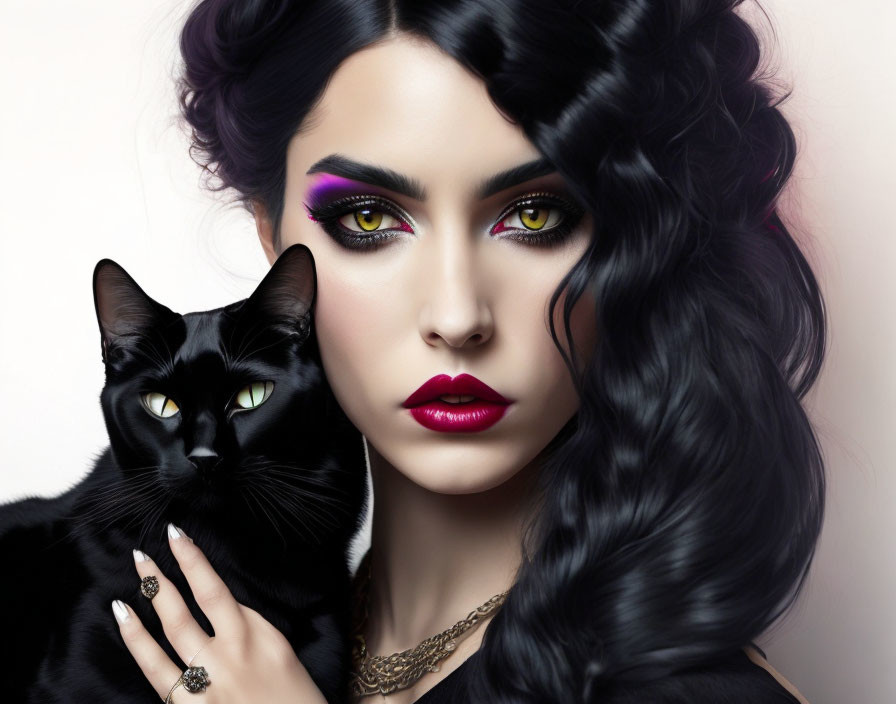 Woman with bold makeup and wavy hair holding a black cat in intense gaze