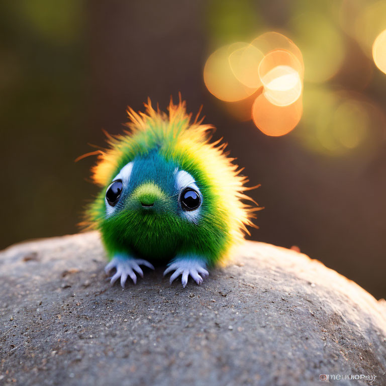 Fluffy green creature with blue highlights on rock with bokeh background