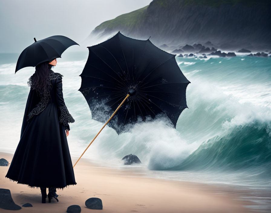 Person in Black Coat with Two Umbrellas on Beach Watching Turbulent Ocean Waves