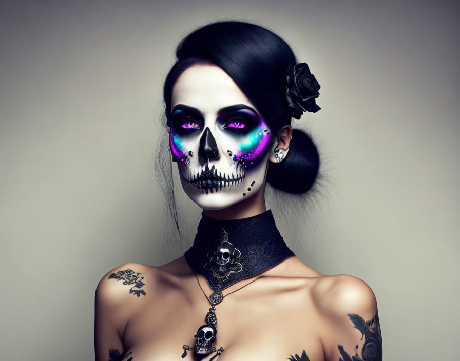 Skull Makeup with Purple Accents and Floral Hair Accessory