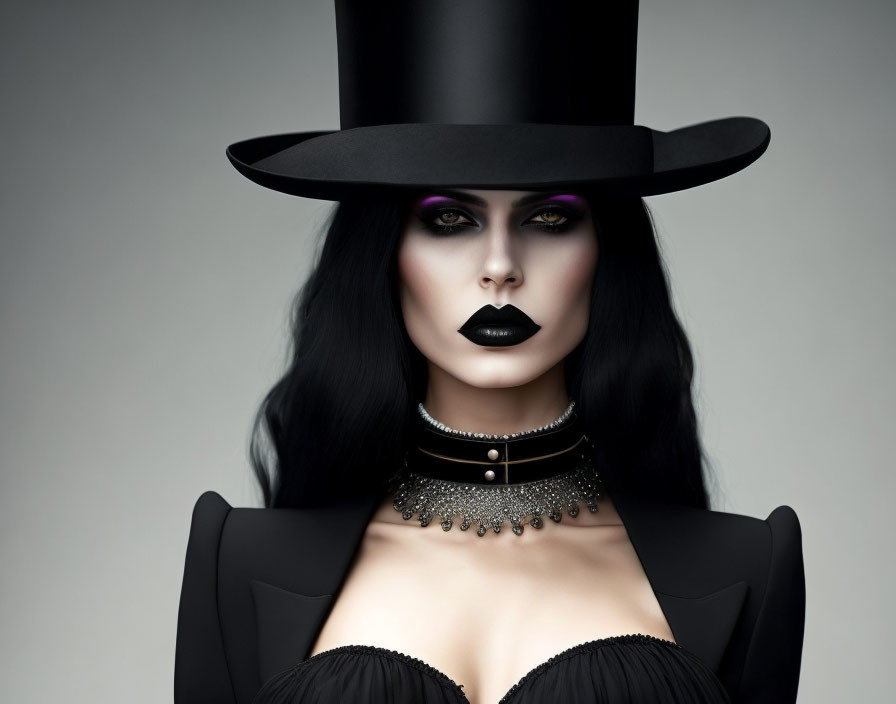Woman in Large Black Hat and Dark Makeup on Grey Background
