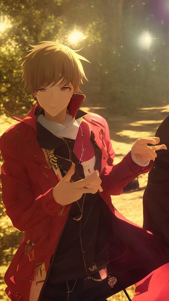 Blond-Haired Animated Character in Red and Black Jacket Gesturing with Hand