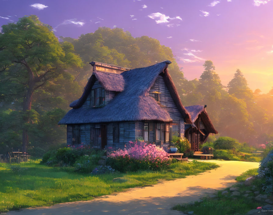 Thatched-Roof Cottage in Greenery at Sunset