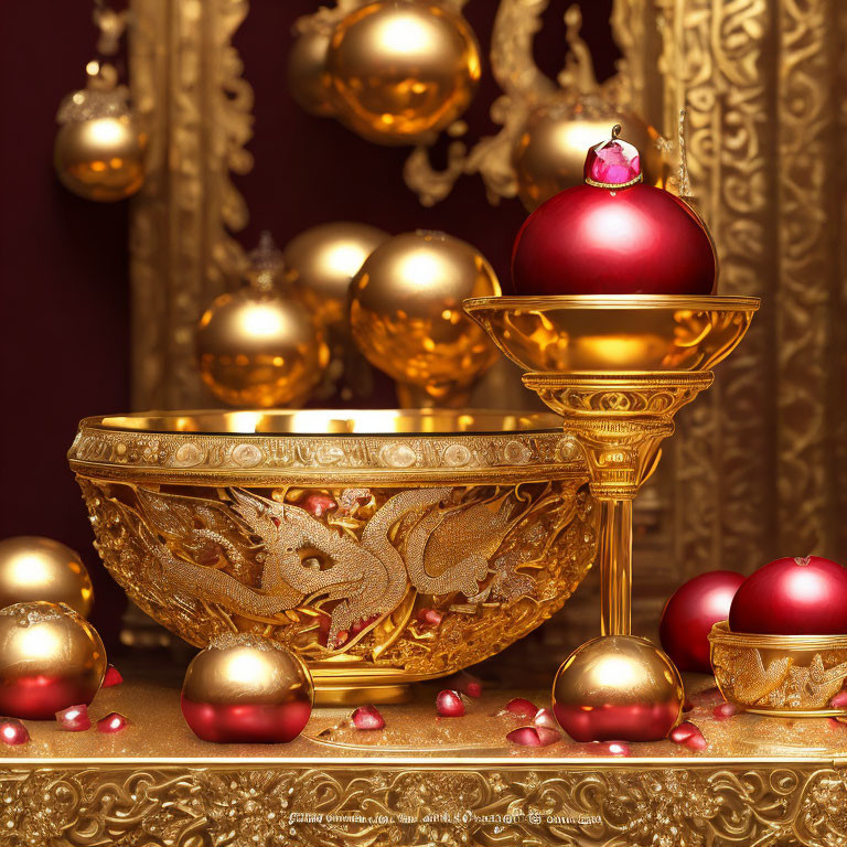 Golden Dragon Design Bowl with Christmas Ornaments on Red Background