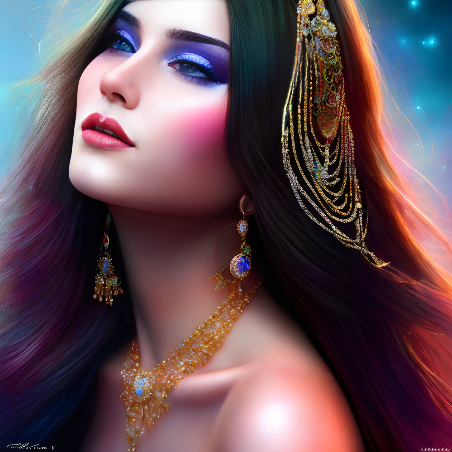 Vibrant purple hair and striking blue eye makeup portrait.