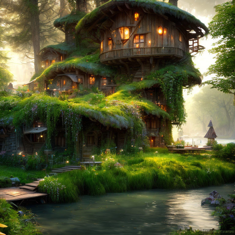 Enchanting treehouse in lush forest with glowing windows