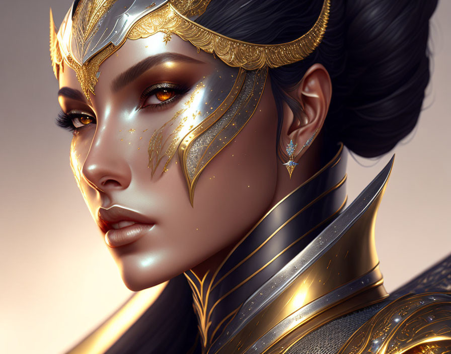 Detailed illustration: Woman in golden armor with striking eyes and ornate headdress
