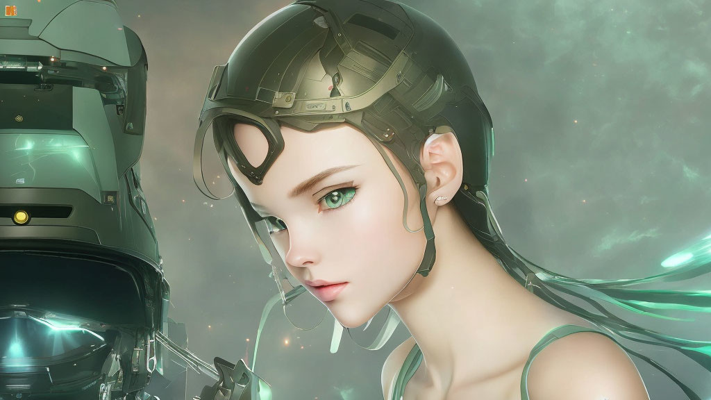 Futuristic female character with helmet and earpiece in galactic setting