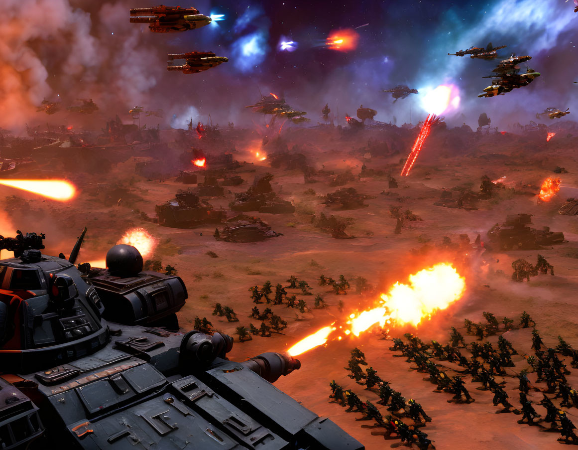 Sci-fi battlefield with tanks, troops, and spaceships in aerial combat