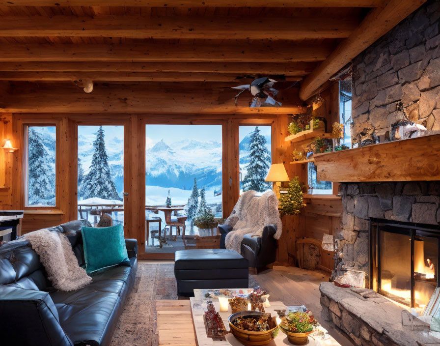 Snowy Mountain View Cabin Interior with Fireplace & Wooden Beams