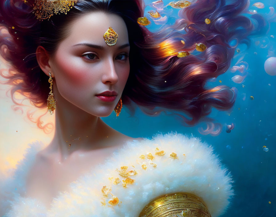 Surreal portrait of woman with flowing hair in blue aquatic setting