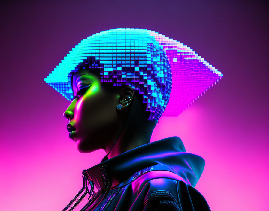 Neon-lit skin and pixelated headpiece on futuristic portrait