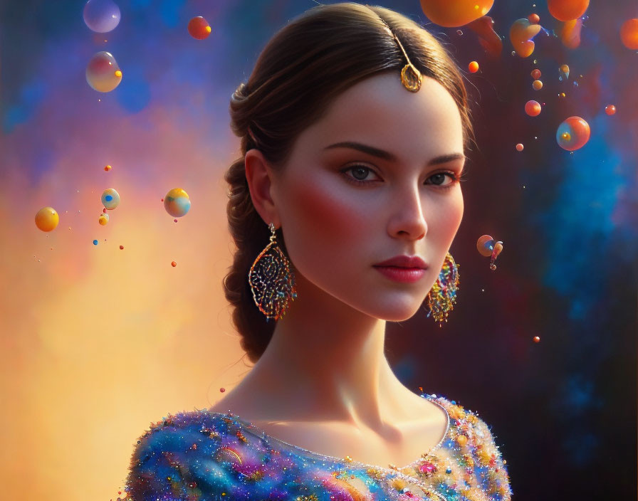 Striking woman in sparkling jewelry with colorful backdrop and iridescent bubbles