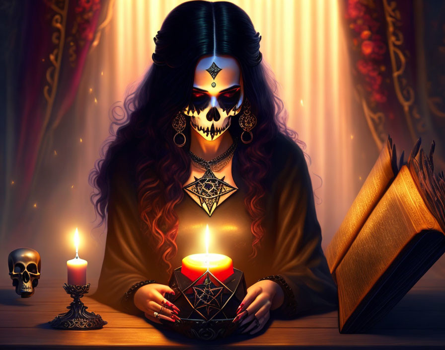 Woman with skull makeup holding candle by pentagram amidst mystical items