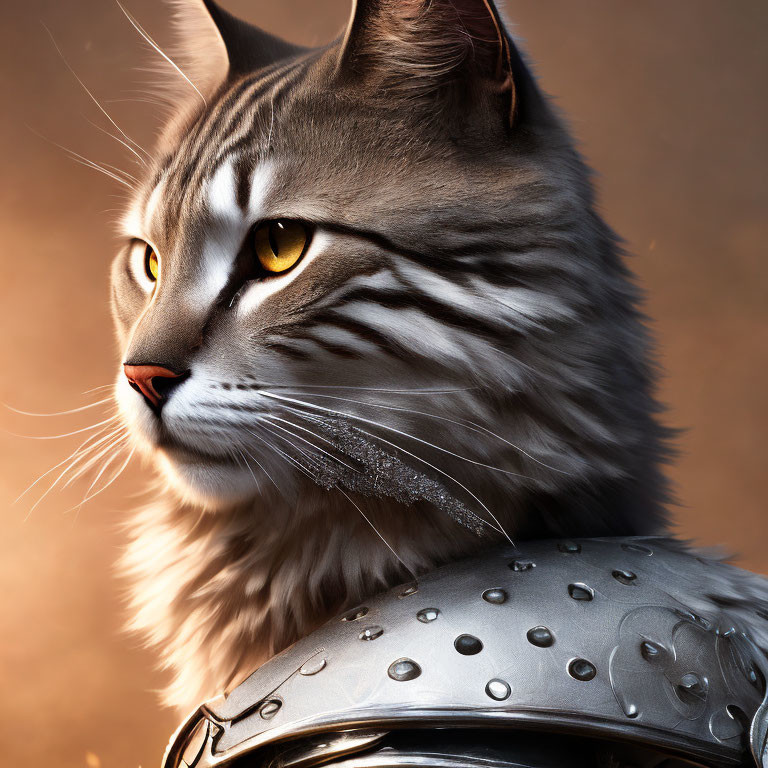 Maine Coon Cat in Silver Armor with Amber Eyes on Warm Background