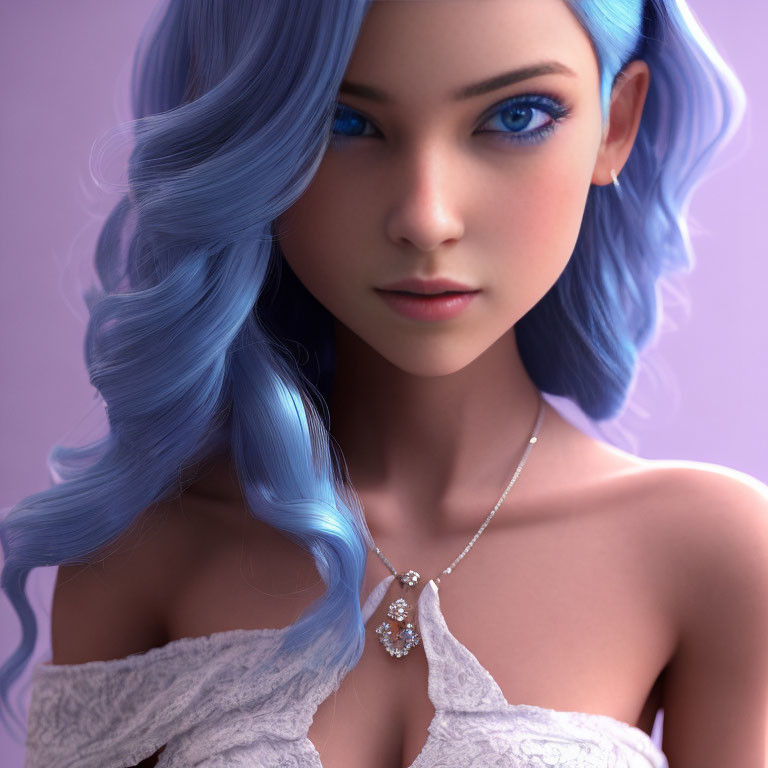 3D-rendered female character with blue hair and white dress on purple background