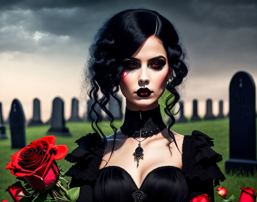 Gothic woman with dark makeup holding a red rose in a graveyard