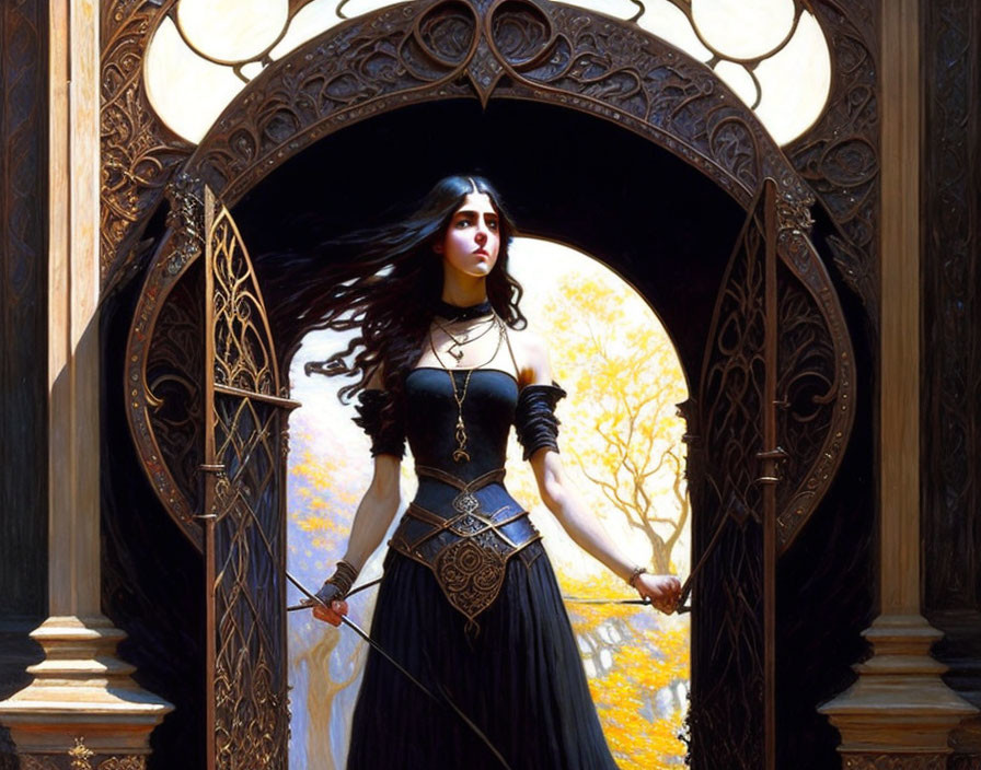 Medieval woman in black attire with sword at ornate doorway to golden forest