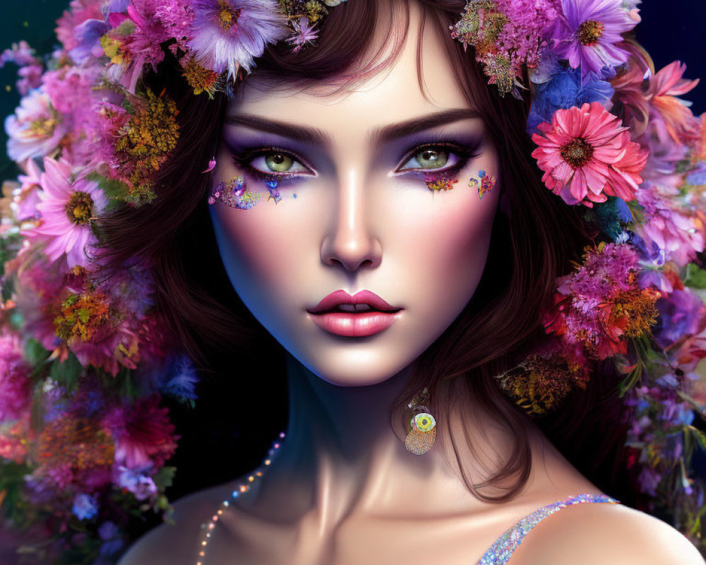 Digital art portrait of woman with floral wreath and intense gaze on dark, flower-filled backdrop