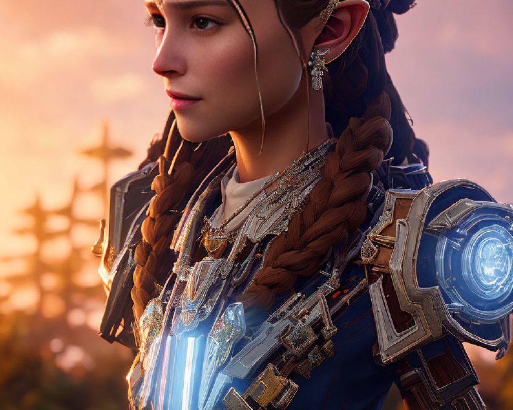 Woman in Braided Hair and Futuristic Tribal Attire with Glowing Blue Arm Device against Dusk