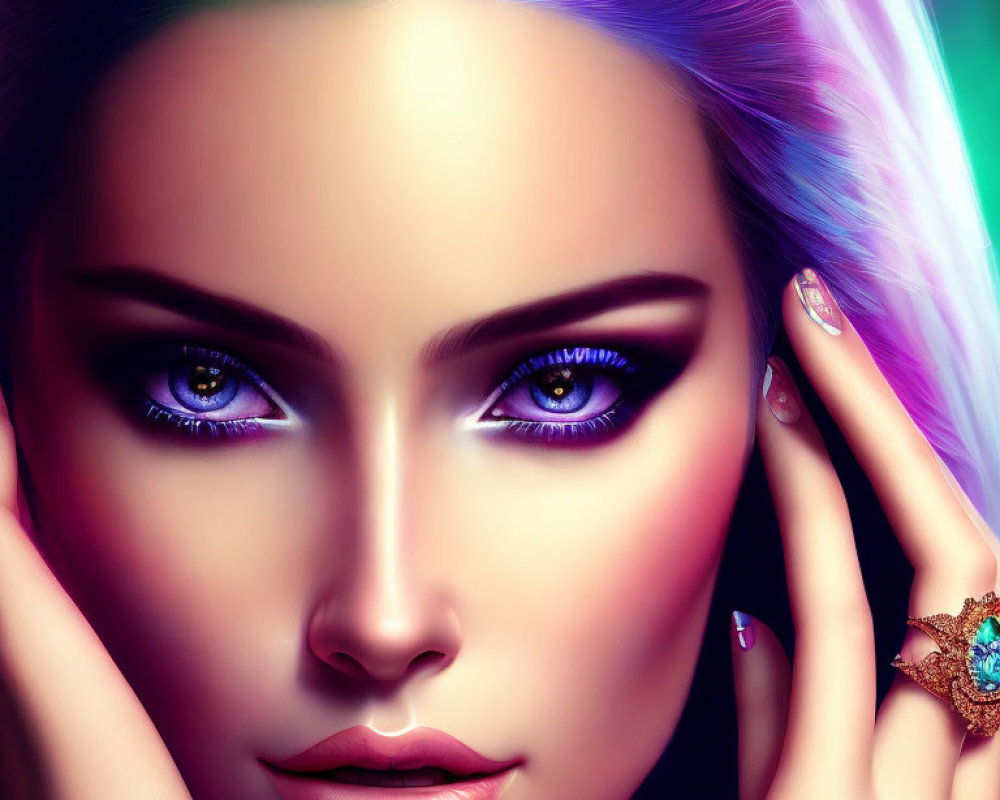 Colorful digital portrait of a woman with rainbow hair and purple eyes.
