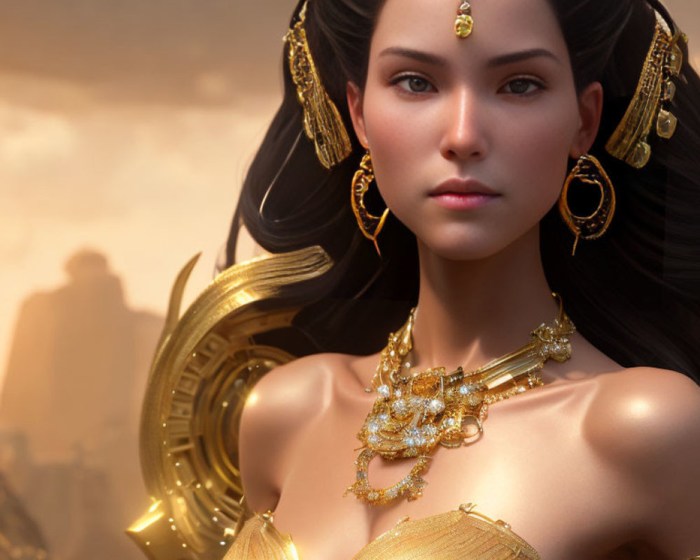 3D Rendered Image: Woman with Elaborate Golden Jewelry & Traditional Hairstyle