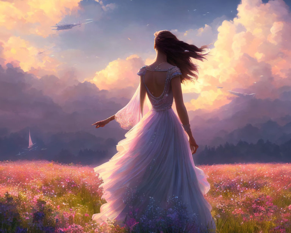 Woman in elegant dress in flower field at sunset with ships on horizon