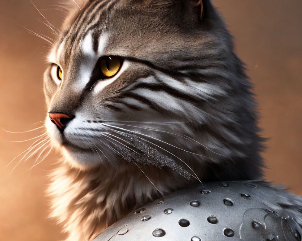 Maine Coon Cat in Silver Armor with Amber Eyes on Warm Background