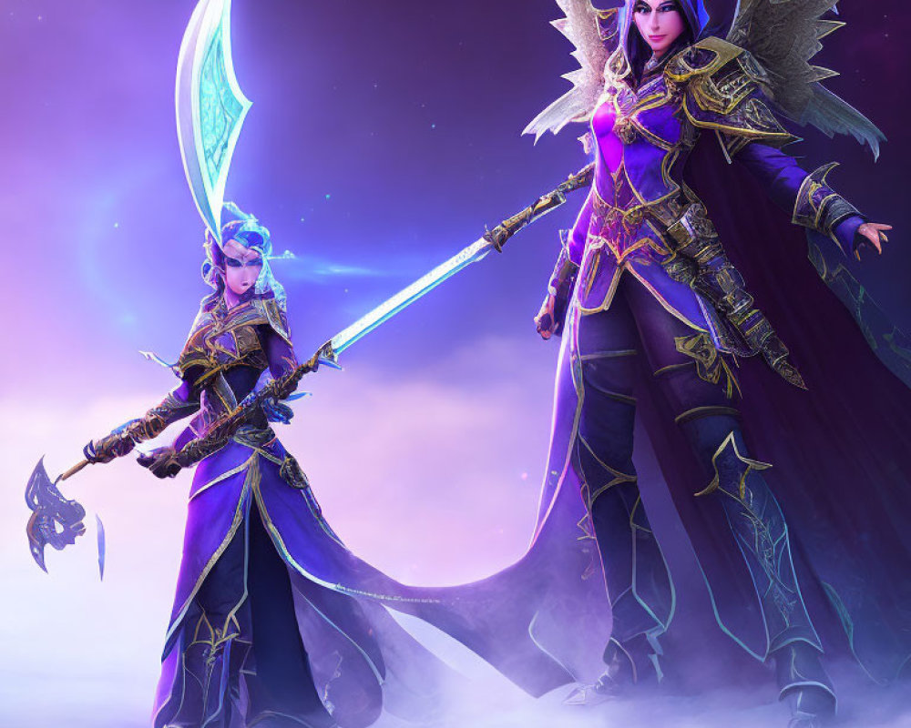 Fantasy characters in purple and gold armor with blue swords on mystical backdrop