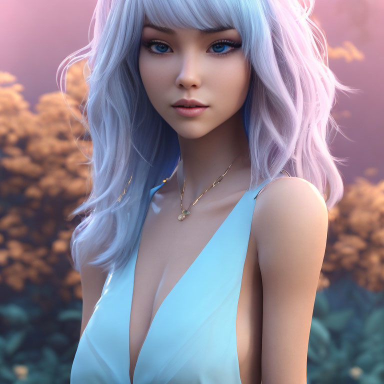 3D illustration of a woman with pastel purple hair and blue eyes in serene nature setting
