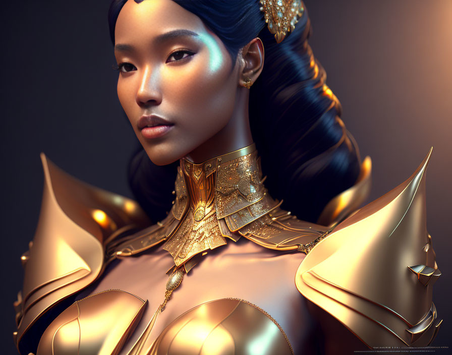 Detailed digital portrait of woman in elegant gold armor with dark flowing hair