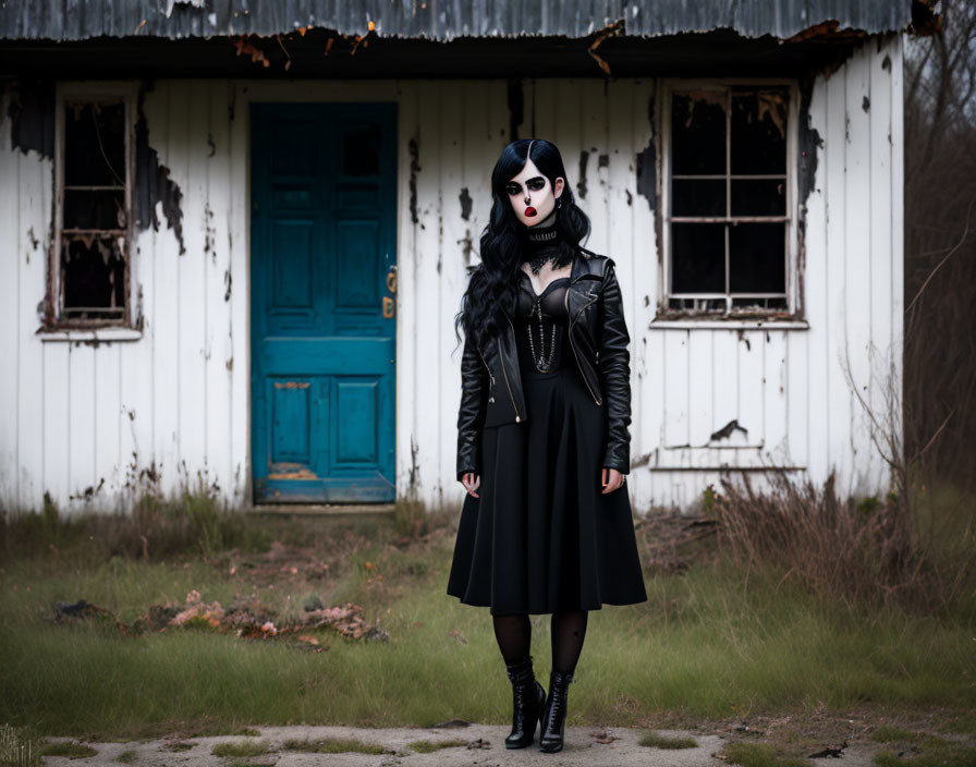 Gothic woman in front of abandoned house with blue door in desolate landscape