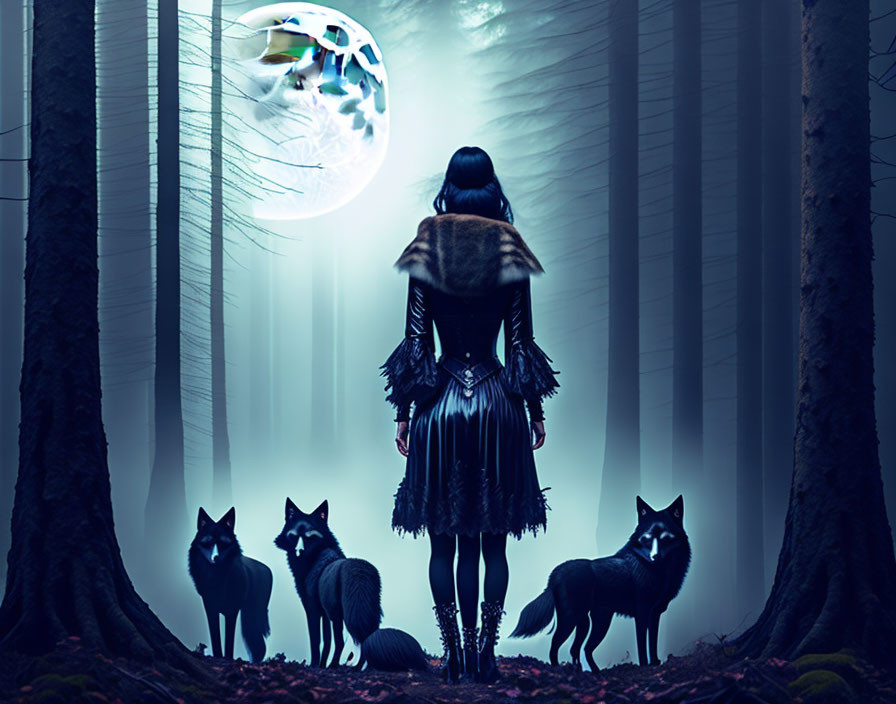 Woman in dark clothing with three wolves in misty forest under glowing moon
