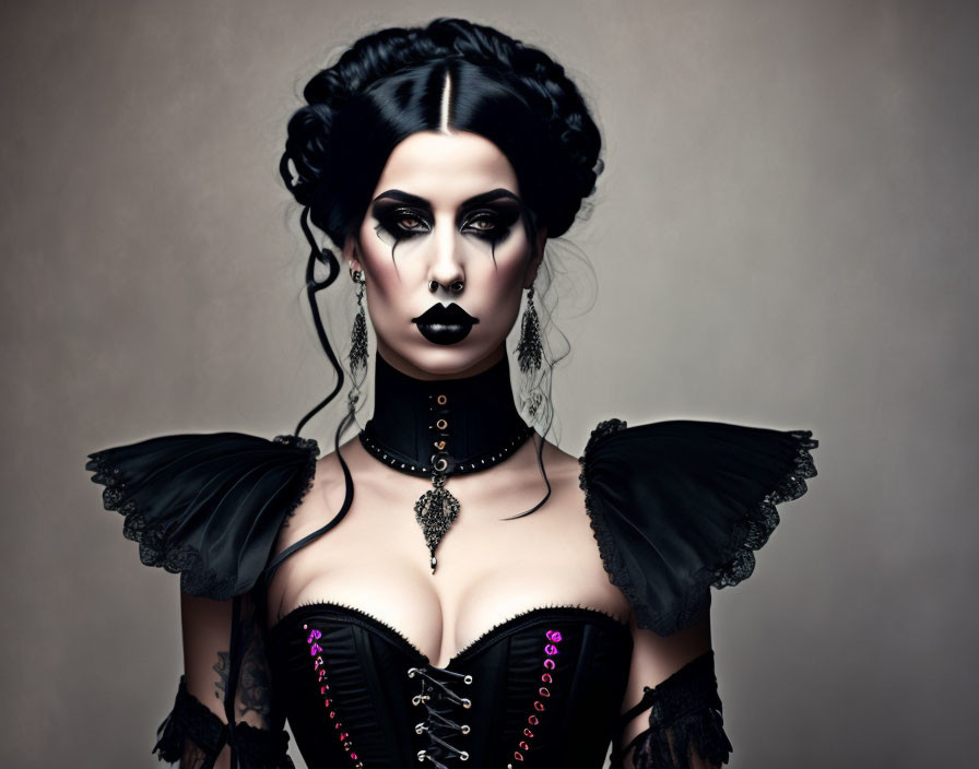 Woman with Gothic Style: Pale Makeup, Dark Lipstick, Black Hair, Corset & Choker