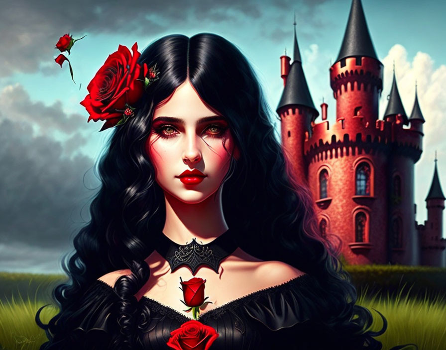 Gothic woman with black hair and red roses in front of castle on grassy field