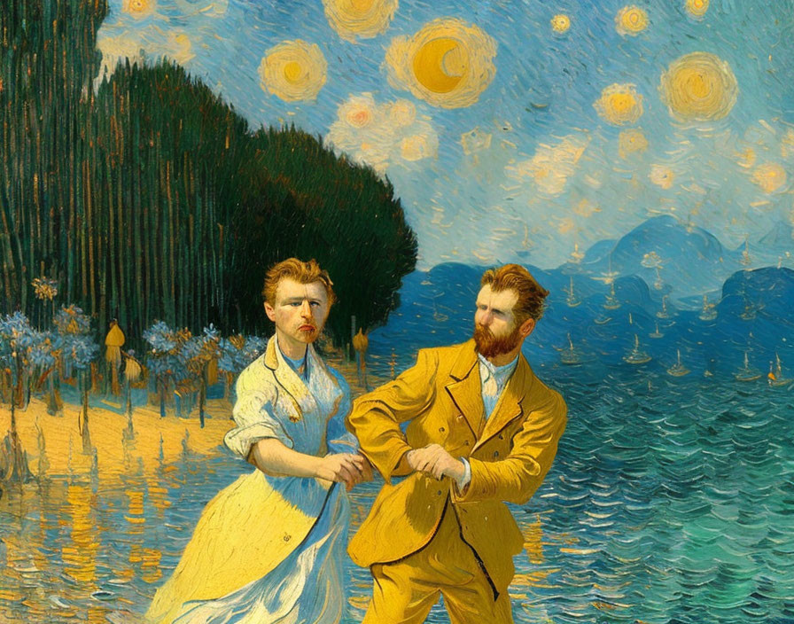 Digital Artwork: Woman in Yellow Dress and Man in Suit Dancing in Van Gogh-Inspired