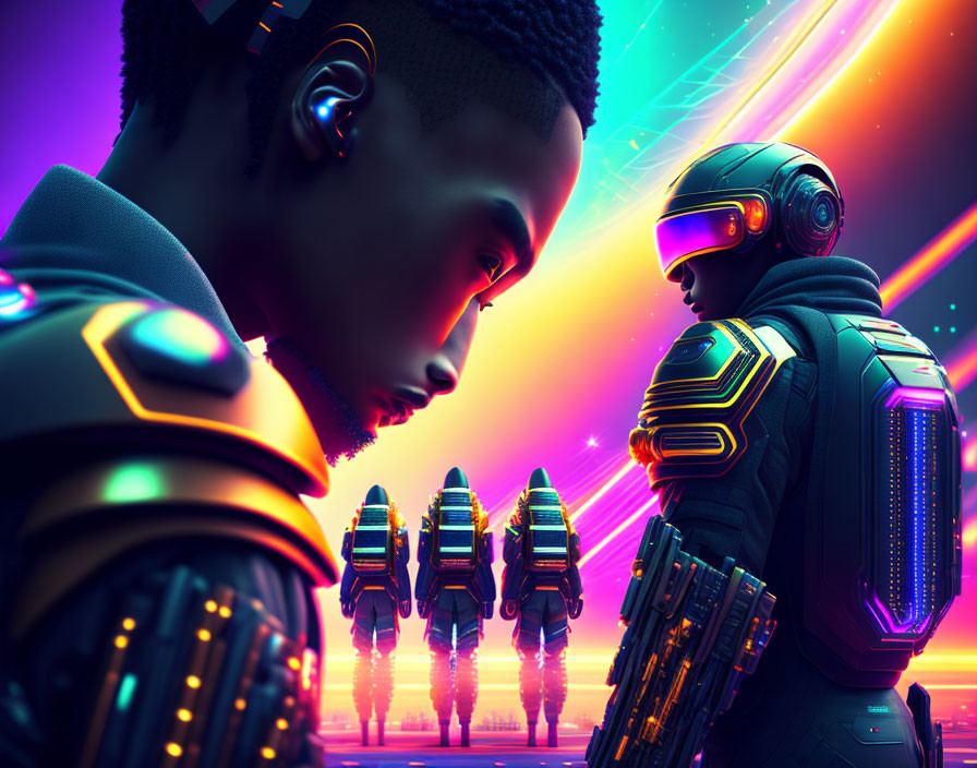 Futuristic armor-clad figures in neon-lit sci-fi setting