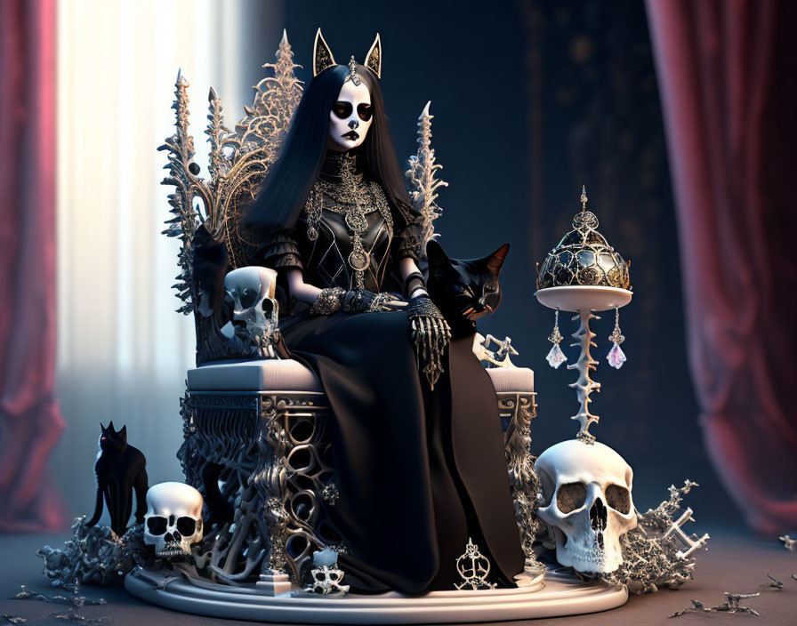Gothic figure on skull-adorned throne with black cat in eerie setting