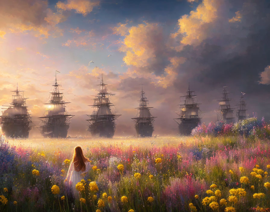 Woman in white dress gazes at tall ships in flower-filled meadow under golden-lit sky