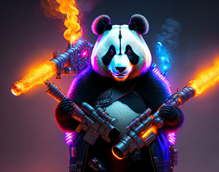 Cybernetic panda with flaming guns on dark purple backdrop