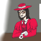 Illustrated character with long dark hair in red hat and jacket exudes cool aura