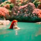 Red-Haired Doll Floating in Turquoise Water with Pink Rocks